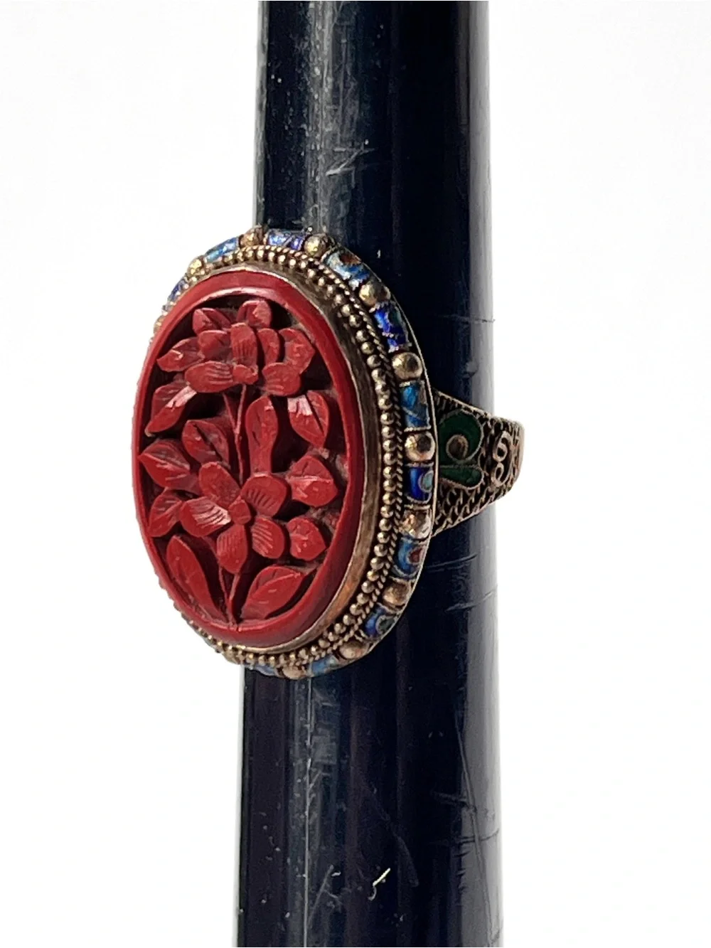 Antique Chinese Cinnabar Ring Carved Floral Silver Gold Gilt Enamel Adjustable